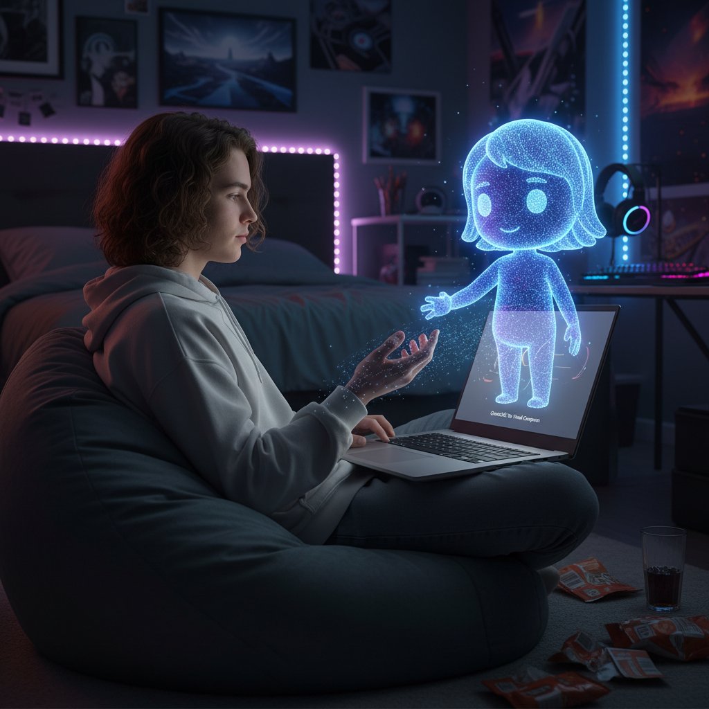 Nastolatek rozmawiający z wirtualnym kumplem AI przez laptopa