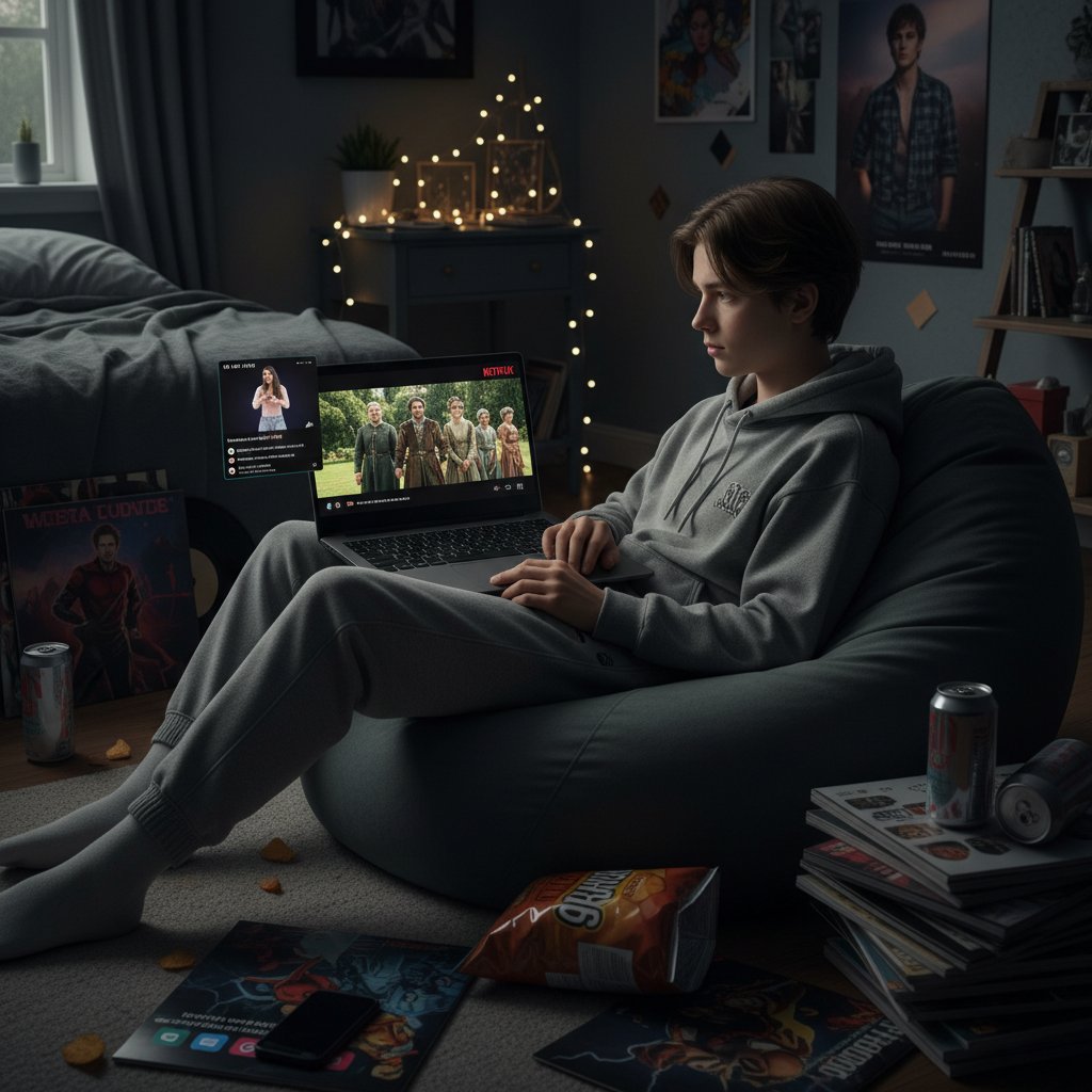 Nastolatek oglądający serial historyczny na laptopie, w tle dynamiczne ujęcie z TikToka i Netflixa