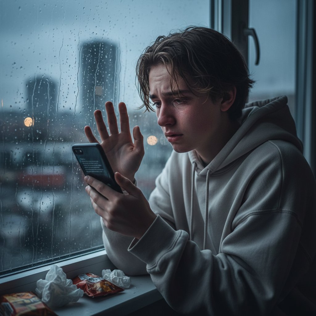 Nastolatek patrzący w okno z telefonem w dłoni, zamyślony, symbol kryzysu emocjonalnego w młodym wieku