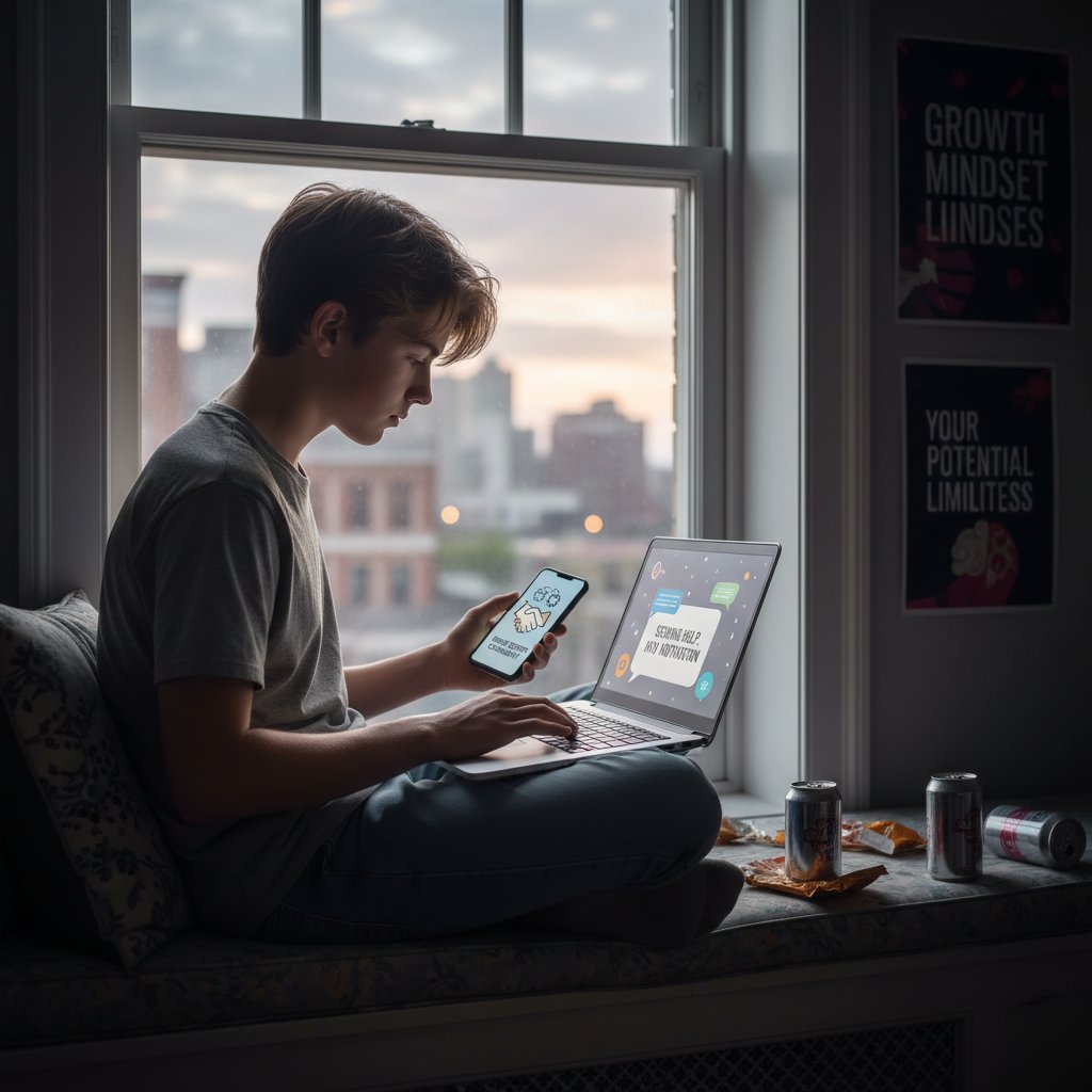 Nastolatek siedzący przy oknie, szukający wsparcia online, motywacja do działania
