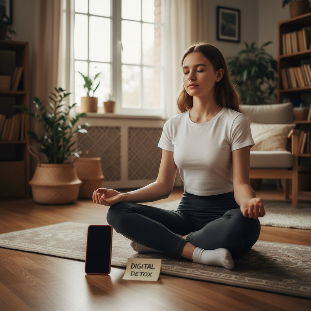 Nastolatek ćwiczący jogę w domu, z wyłączonym smartfonem obok, symbolizującym cyfrową higienę