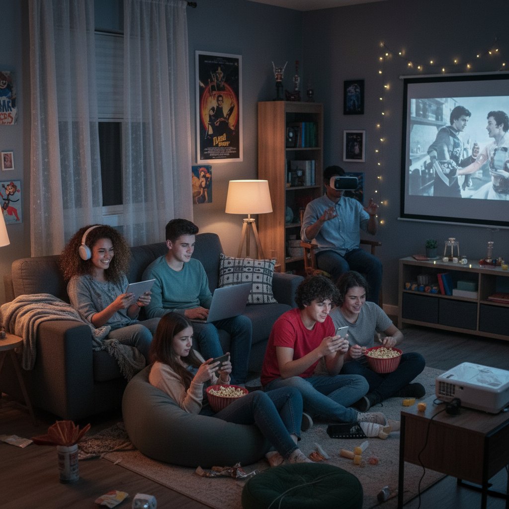 Nastolatek i dorosły oglądający filmy na dwóch różnych urządzeniach, kontrast stylów