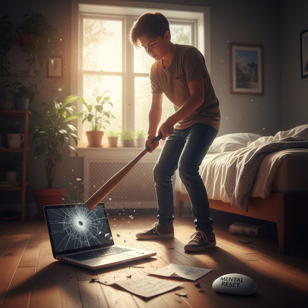 Przerwa od nauki online – nastolatek relaksujący się w słonecznym pokoju, symbol zdrowia psychicznego