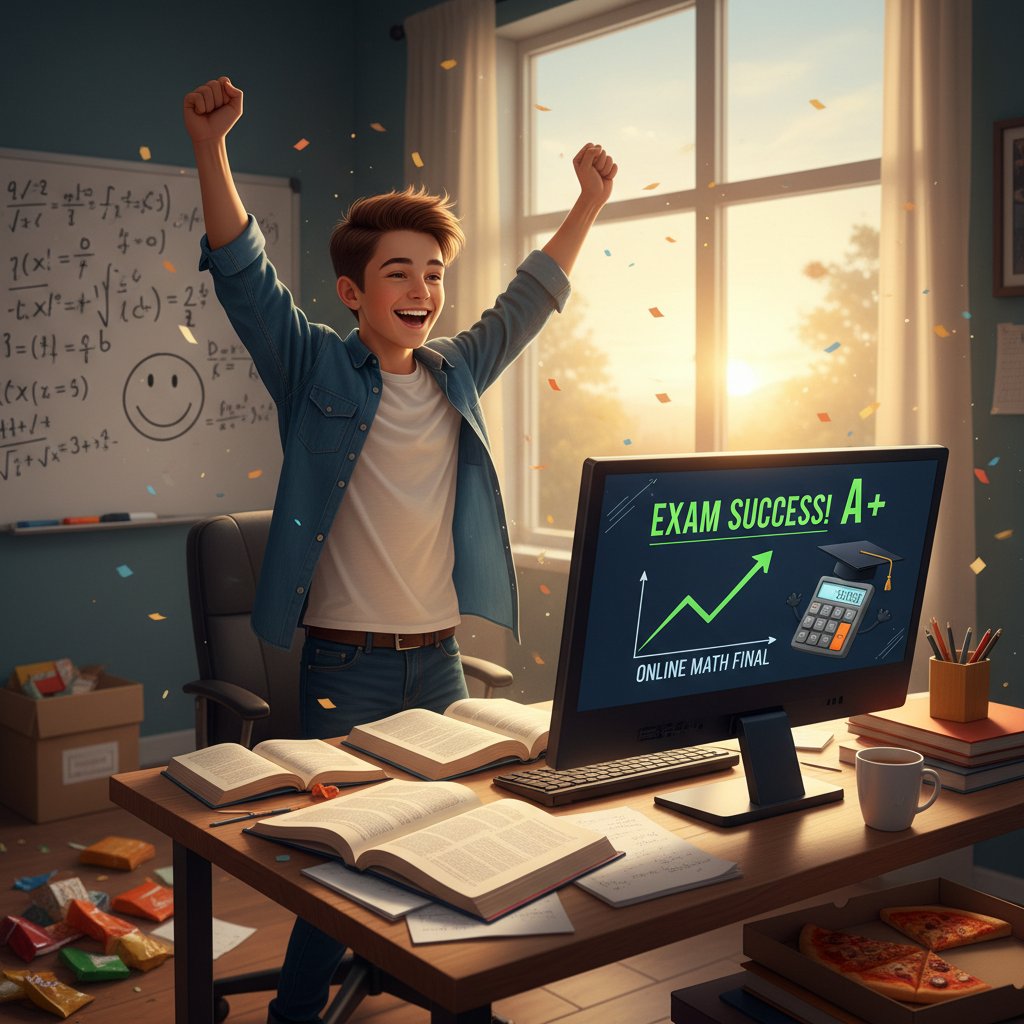 Uczeń świętuje sukces po nauce matematyki online, młodzież zadowolona po egzaminie z matematyki