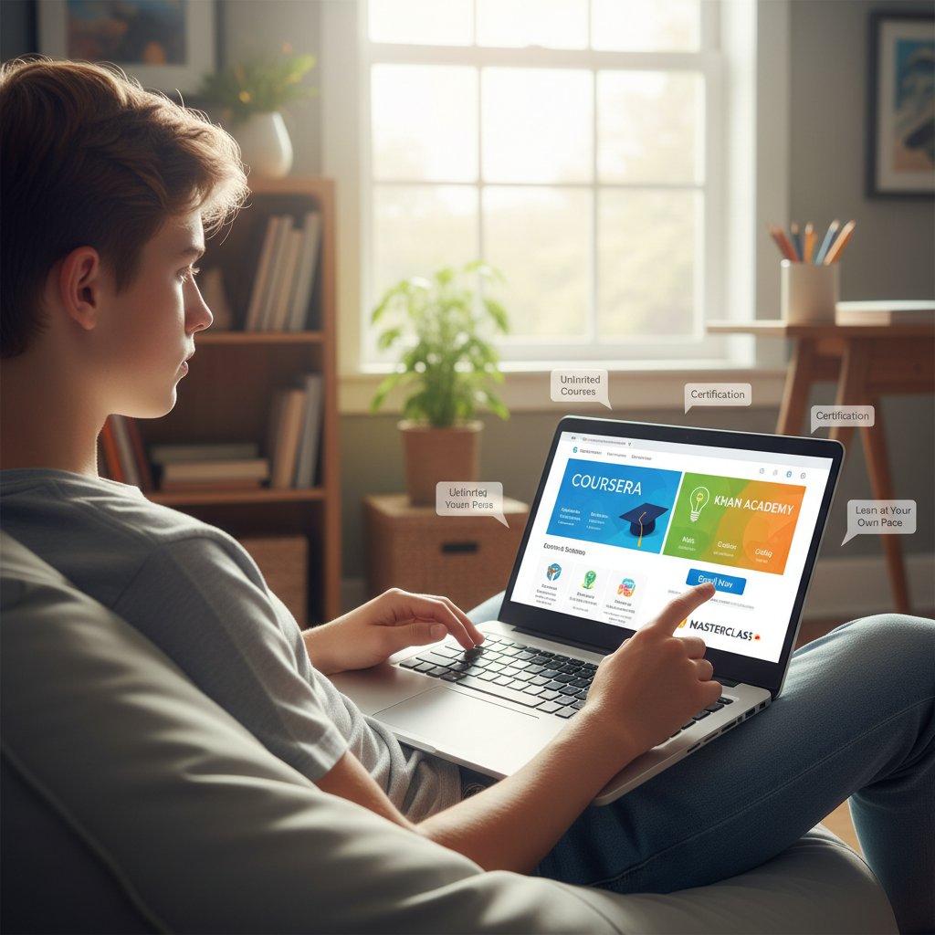 Nastolatek wybiera platformę edukacyjną na laptopie, widok na ekran z różnymi opcjami