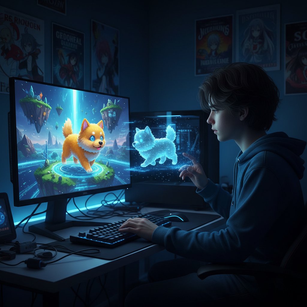 Nastolatek zasłonięty ekranem komputera, w tle wirtualny pies, mroczna atmosfera