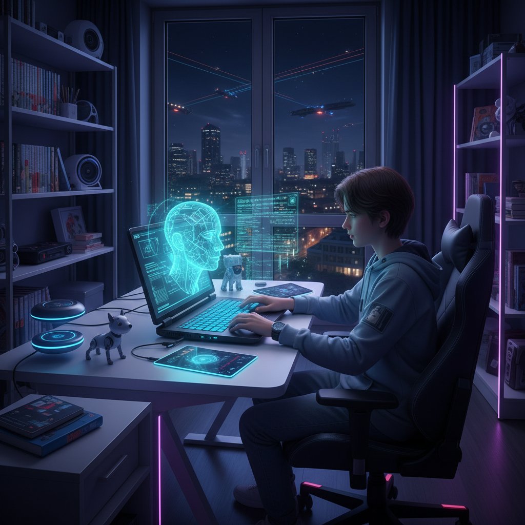 Schülerin am Laptop, KI-Tutor als Hologramm im modernen Jugendzimmer, abends