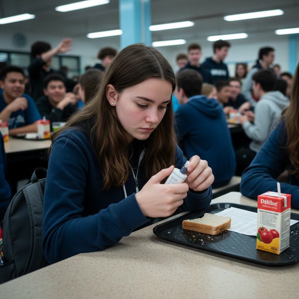 Nastolatek z autostrzykawką trzymający się na uboczu szkolnej stołówki, anafilaksja w tle społecznym