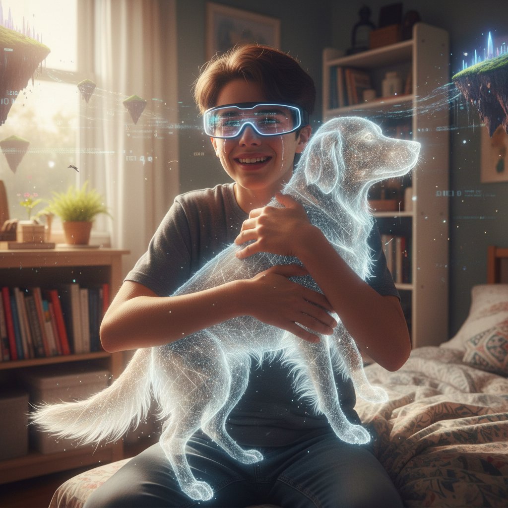 Nastolatek przytulający wirtualnego psa przez okulary AR, pies symulator opieki nad szczenięciem a rozwój empatii