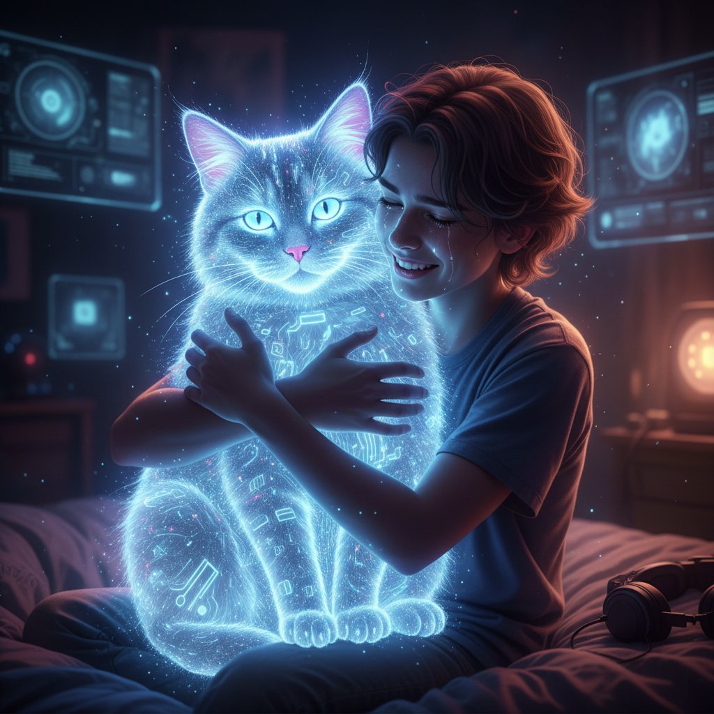 Młodzież przytulająca hologram wirtualnego kota