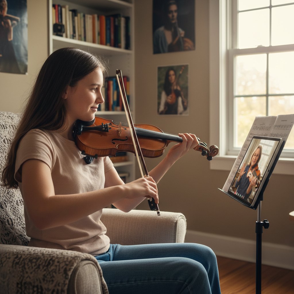 Nastolatek uczy się gry na skrzypcach online z tabletem, zmotywowany, samodzielna nauka