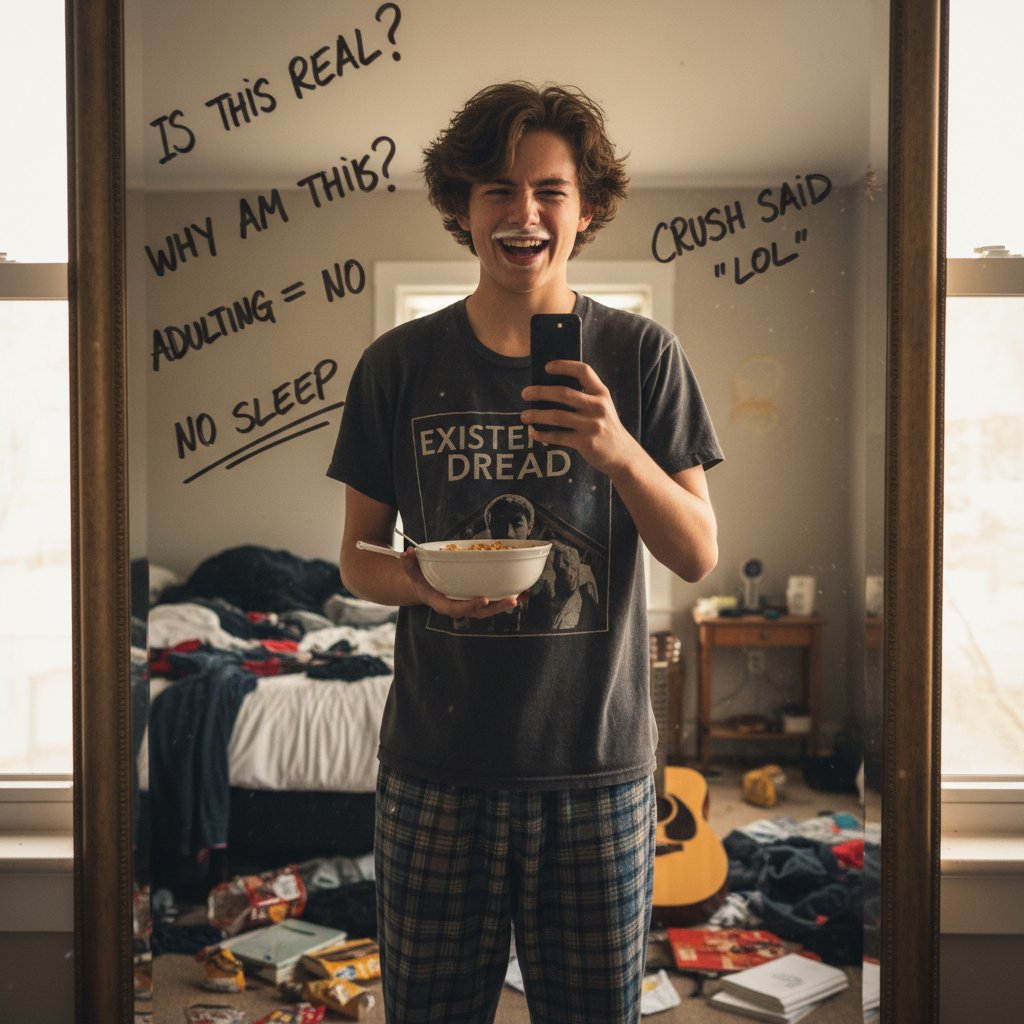 A teenager confronting their reflection, torn between laughter and embarrassment, in a dimly lit bedroom mirror.