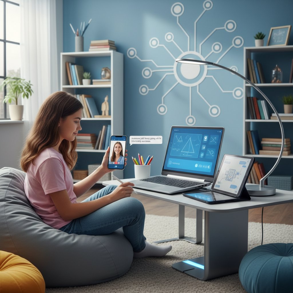 Moderner jugendlicher Lernraum, Notebook und Smartphone, Symbol für flexible Nachhilfe, Keywords: flexible Nachhilfe, digitale Bildung, individuelle Lernbegleitung