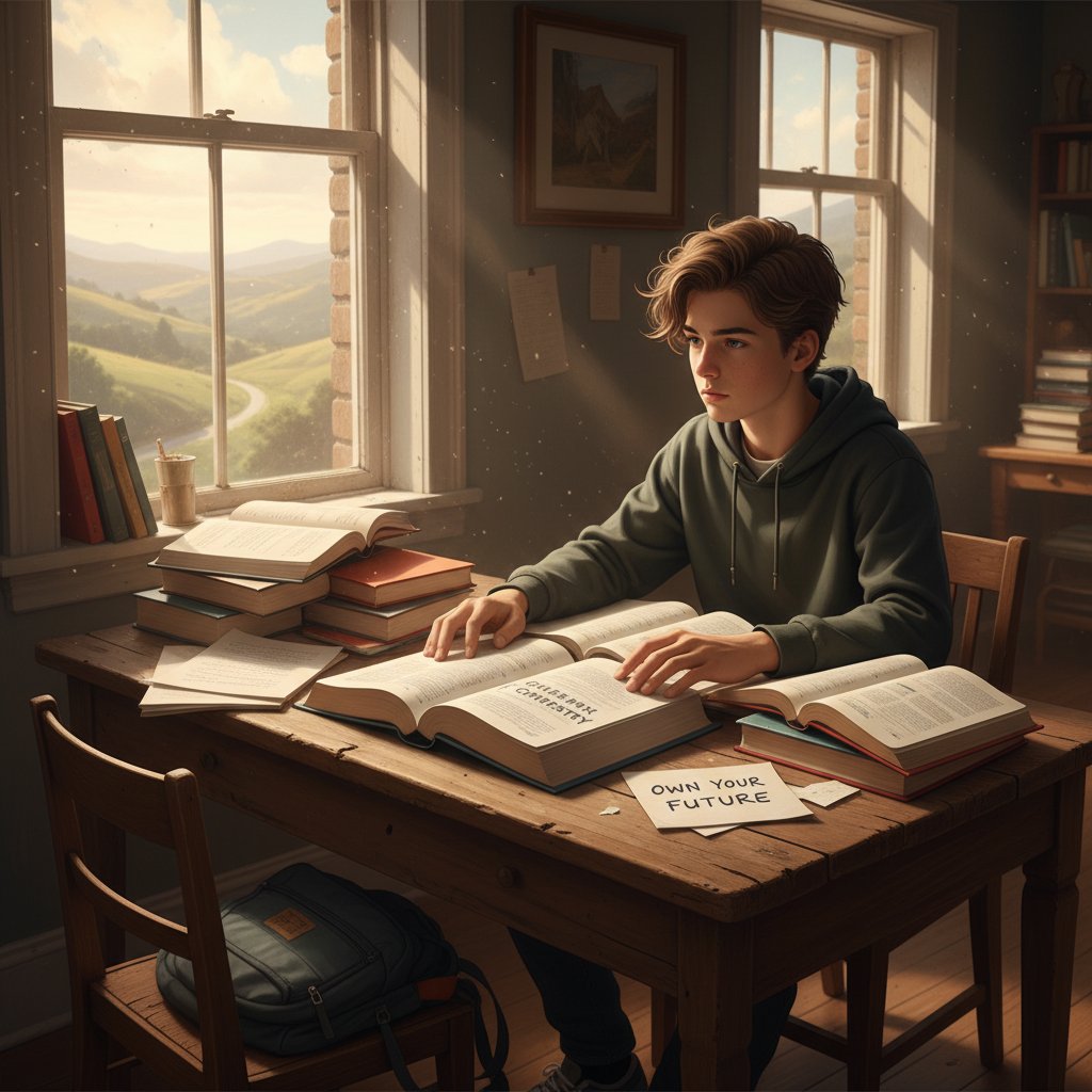 Symbolisches Foto: Jugendlicher mit offenen Lernmaterialien, Licht und Schatten, Keywords: Bildung, Verantwortung, Freiheit, moderner Lernweg