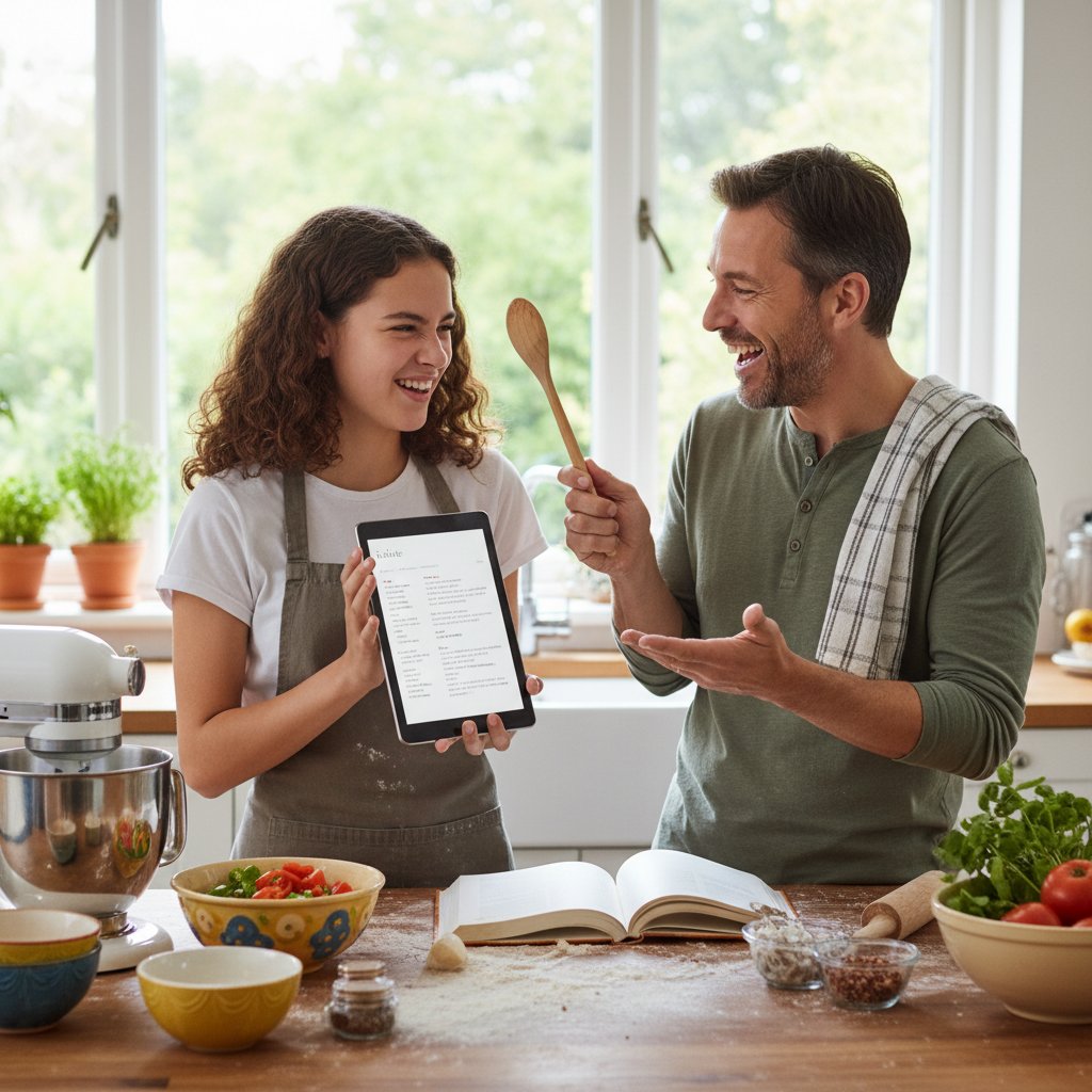 Rodzina wspólnie wybierająca przepisy na tydzień – nastolatek i rodzic debatujący, kuchnia, swobodny nastrój