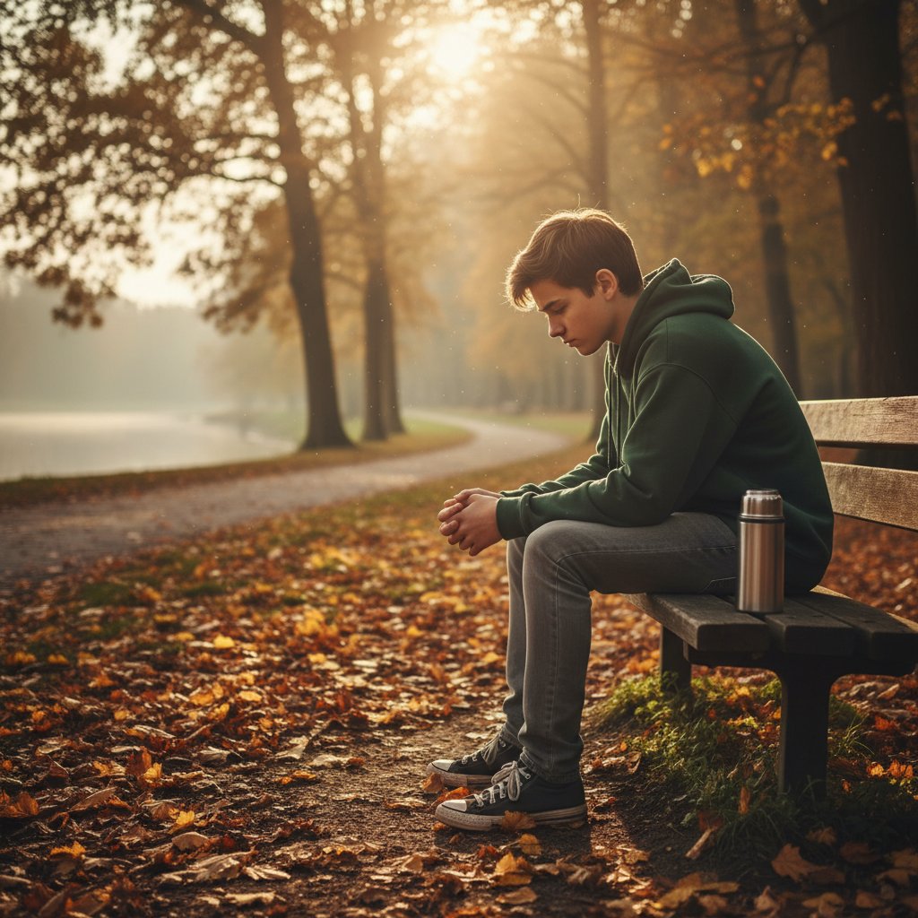 Nastolatek z mutyzmem wybiórczym zamyślony na ławce w parku