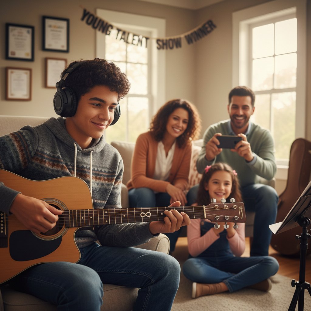 Nastolatek ze spektrum autyzmu grający na gitarze, wsparcie rodziny, sukcesy i codzienność