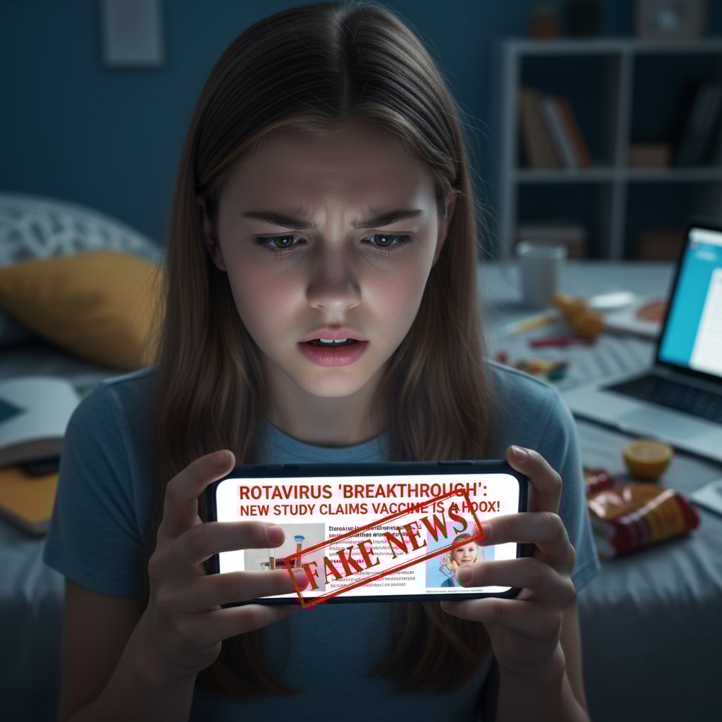 Zdjęcie nastolatka przeglądającego smartfona, ekran z fake newsami, niepewność na twarzy