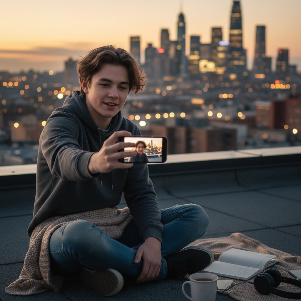 Nastolatek nagrywający video-list do siebie na tle miasta, światła ekranu, autentyczność