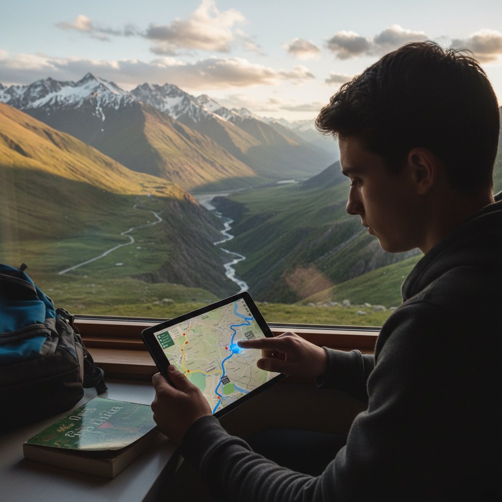 Nastolatek korzystający z mapy cyfrowej, ignorujący świat za oknem