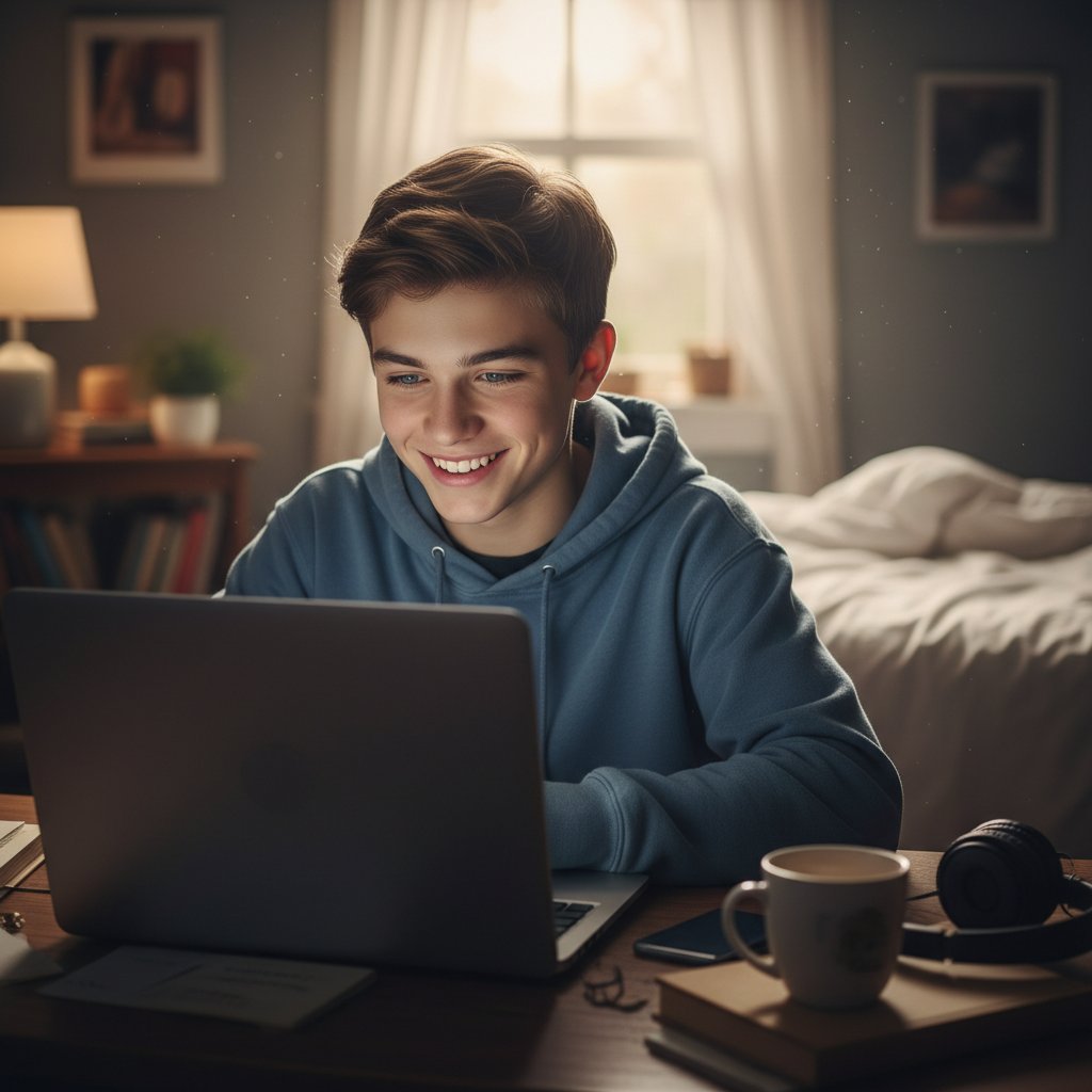 Nastolatek uśmiechający się do laptopa, nadzieja