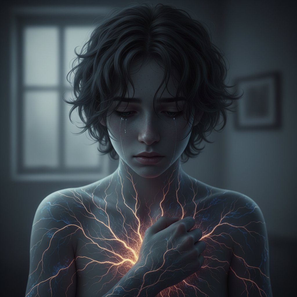 Zdjęcie nastolatka z zamyśloną miną, symbolizujące skutki traumy dziecięcej