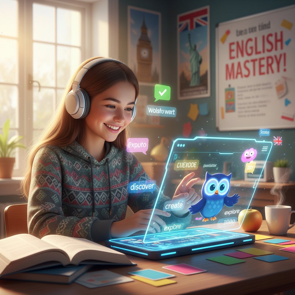 Nastolatek korzystający z aplikacji AI do nauki angielskiego w domowym zaciszu, uśmiechnięty, zadowolony z postępów