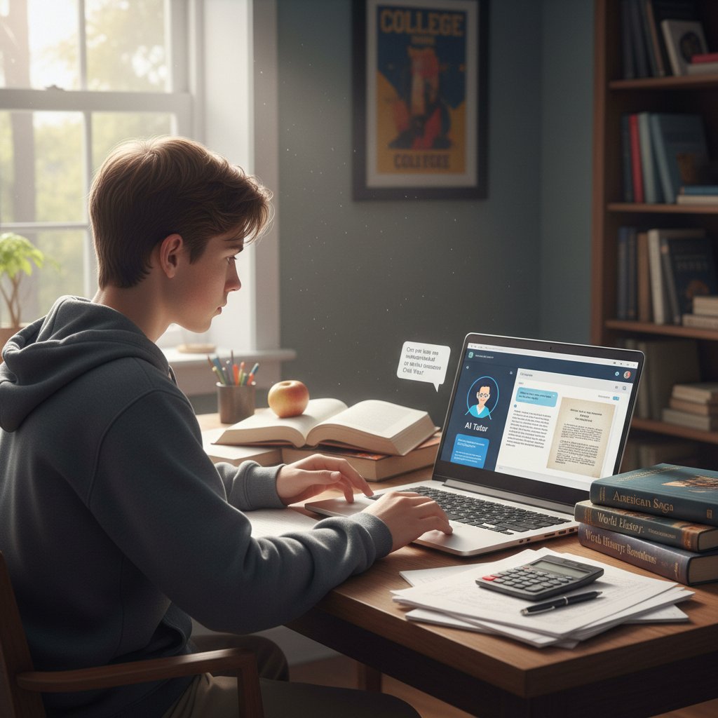 Nastolatek korzystający z czatu AI do nauki przy biurku