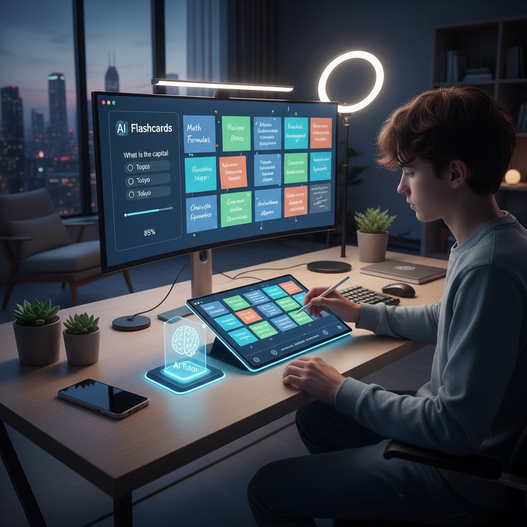 Nastolatek korzystający z cyfrowych narzędzi do nauki online, fiszki, sticky notes, koncentracja