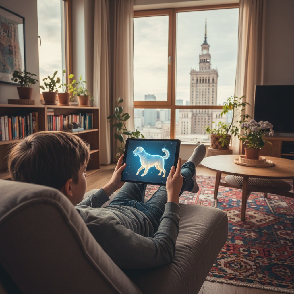 Nastolatek korzystający z symulatora psa w mieszkaniu w Warszawie, na ekranie realistyczny wirtualny pies — pies symulator opieki pielęgnacyjnej w praktyce