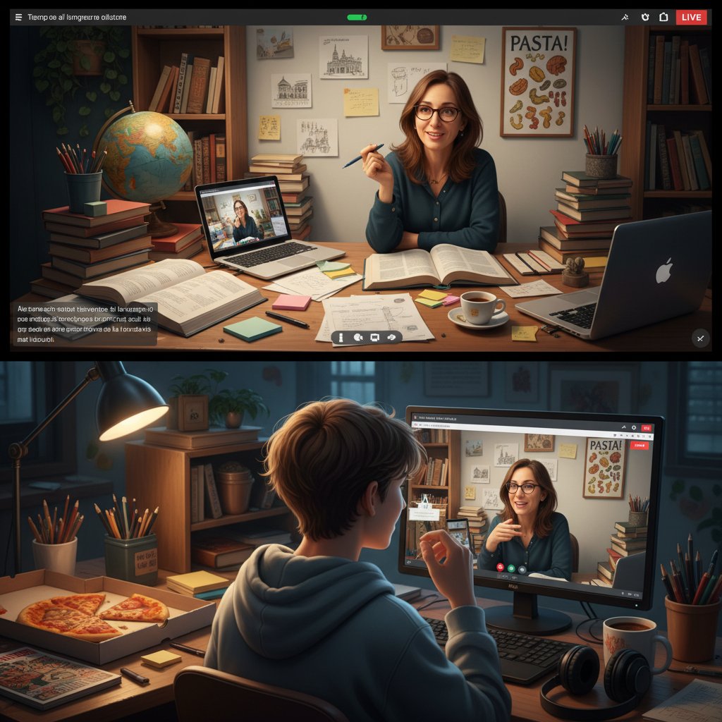Uczeń podczas lekcji online z włoskim nauczycielem
