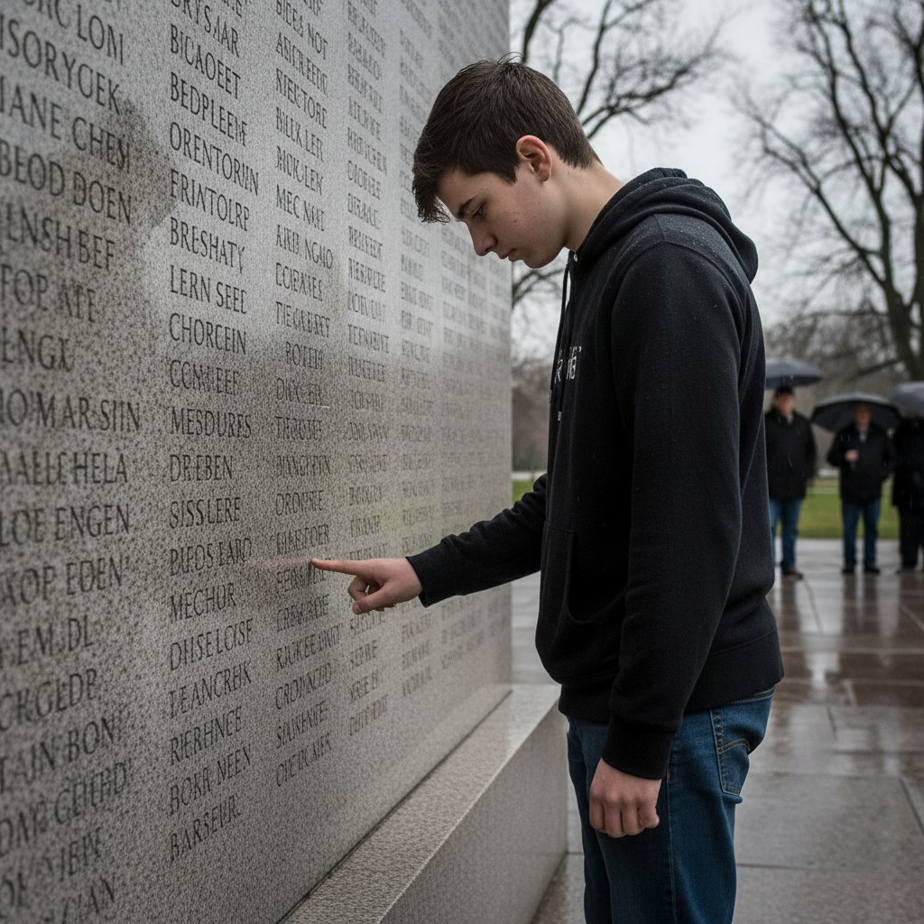 Teenager at war memorial loss innocence movie theme