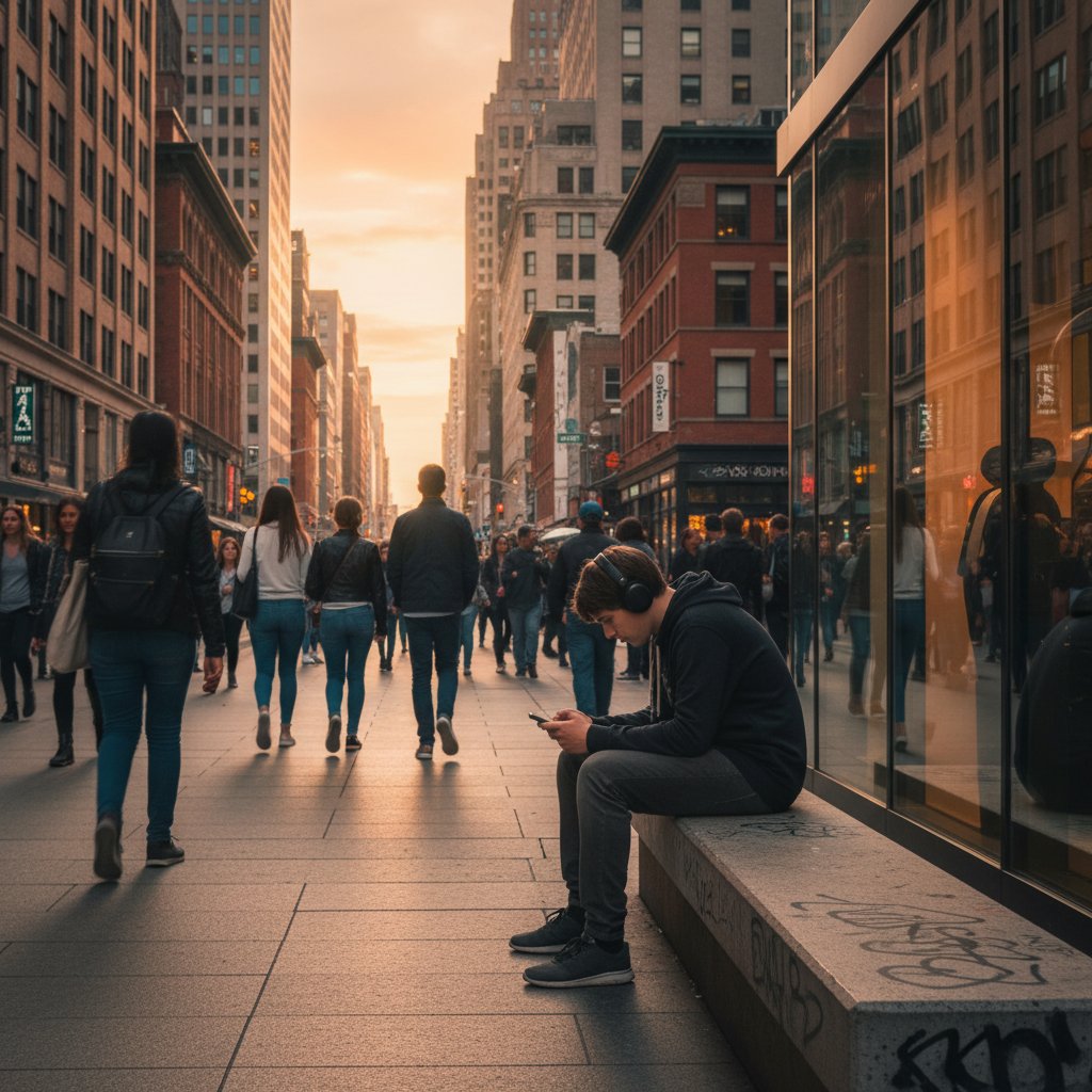 Nastolatek z telefonem w dłoni, otoczony grupą, ale patrzący w pustkę, symbol izolacji młodych