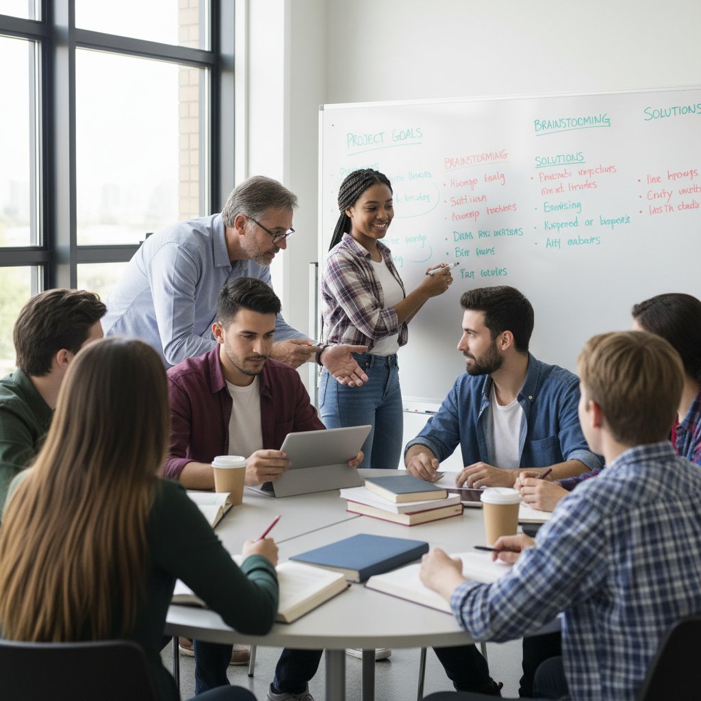 Jugendliche und Erwachsene beim Lernen, die gemeinsam an einem klaren Whiteboard diskutieren