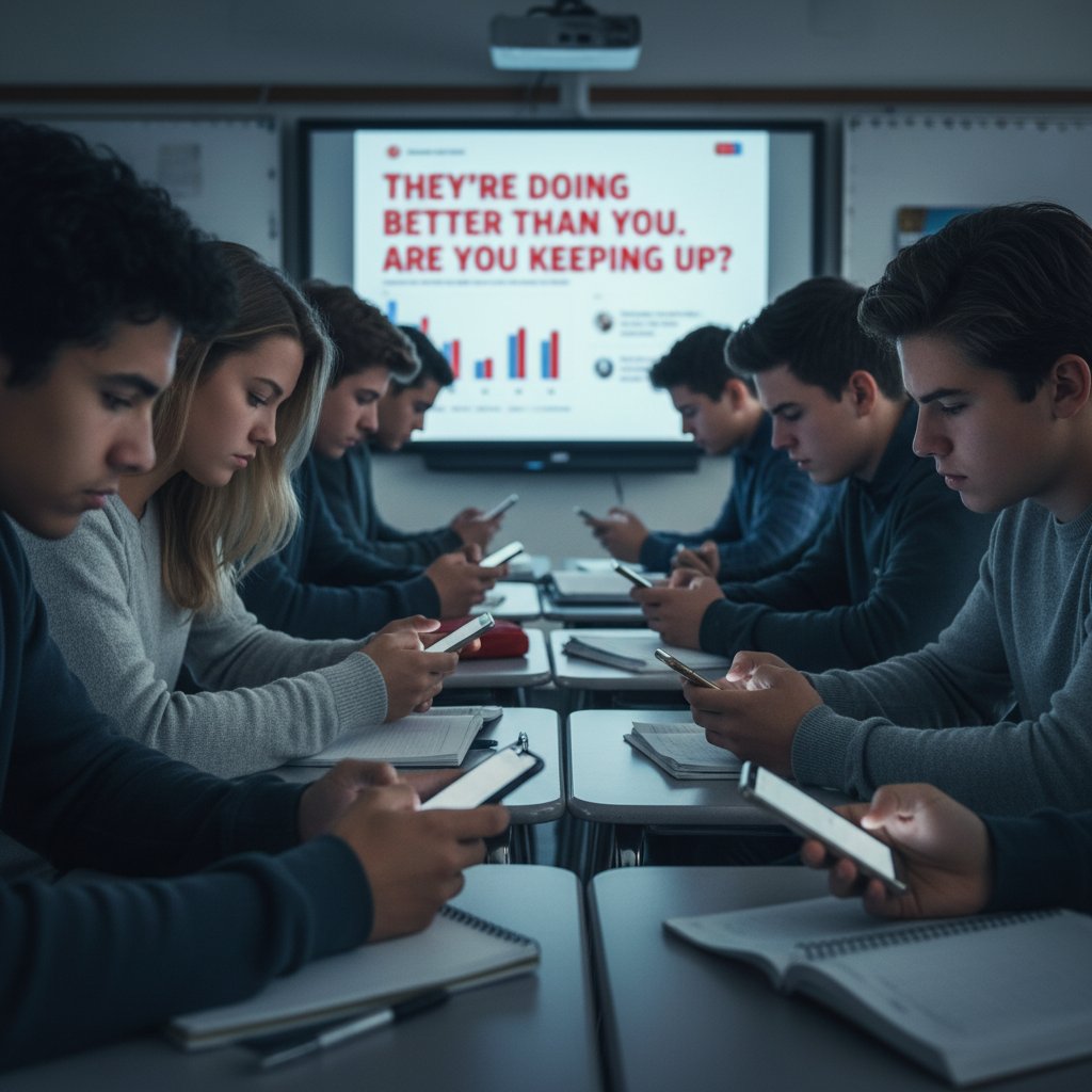 Jugendliche sitzen im Klassenzimmer mit Smartphones, teils abwesende Gesichtsausdrücke, Zeichen von Stress und Vergleichsdruck
