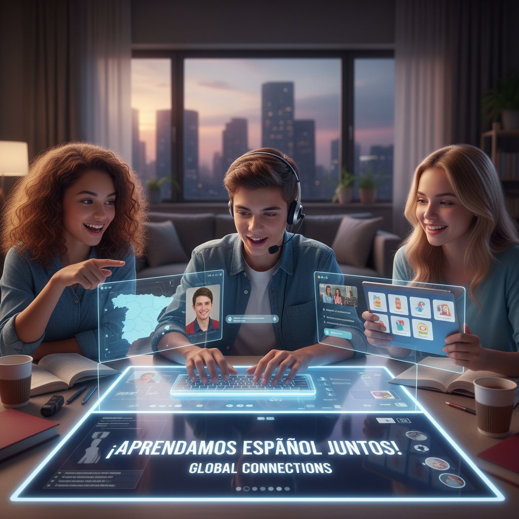 Uczniowie współpracujący przy projekcie hiszpańskojęzycznym przez internet