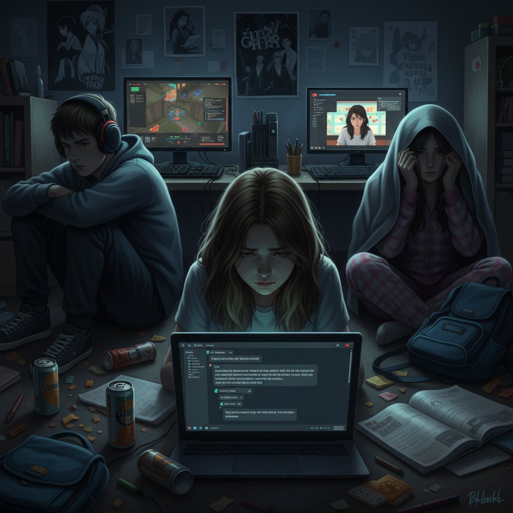 Grupa młodzieży przed komputerami, część wyraża lęk i niepokój, wskazując na współistnienie różnych fobii