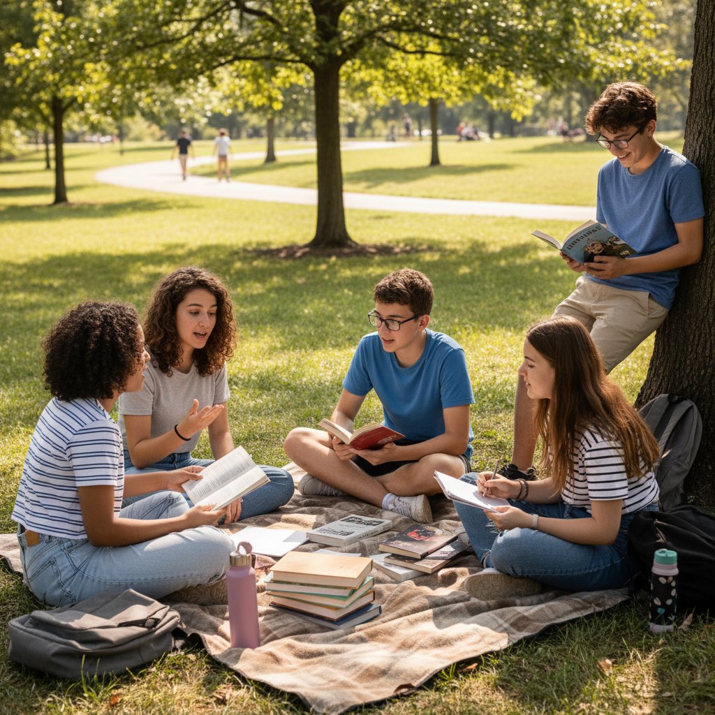Grupa nastolatków rozmawiająca o książkach w parku, kreatywna dyskusja