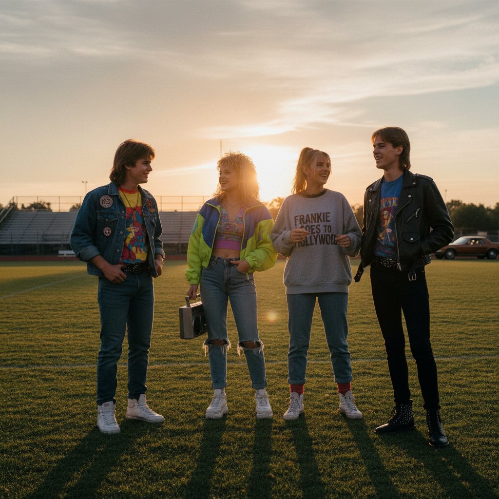Teenagers in 1980s fashion standing outside a high school, cinematic dusk scene