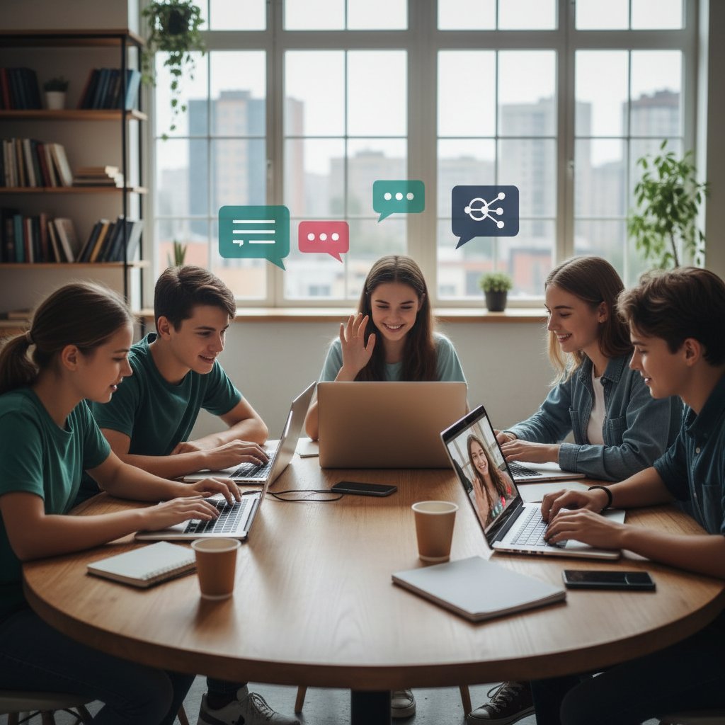 Grupa młodzieży z laptopami współpracuje w projekcie – nauka online a umiejętności społeczne i zawodowe