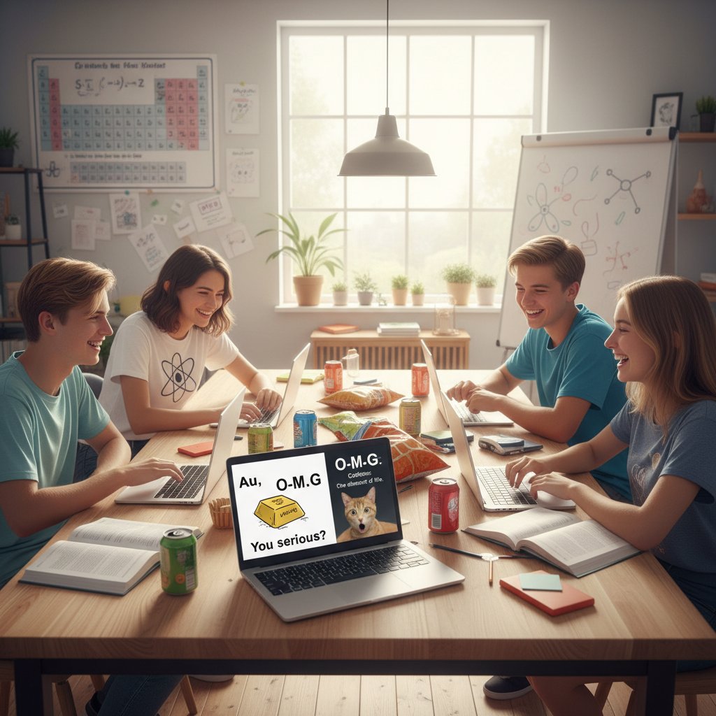 Grupa młodzieży tworząca memy o pierwiastkach na laptopach