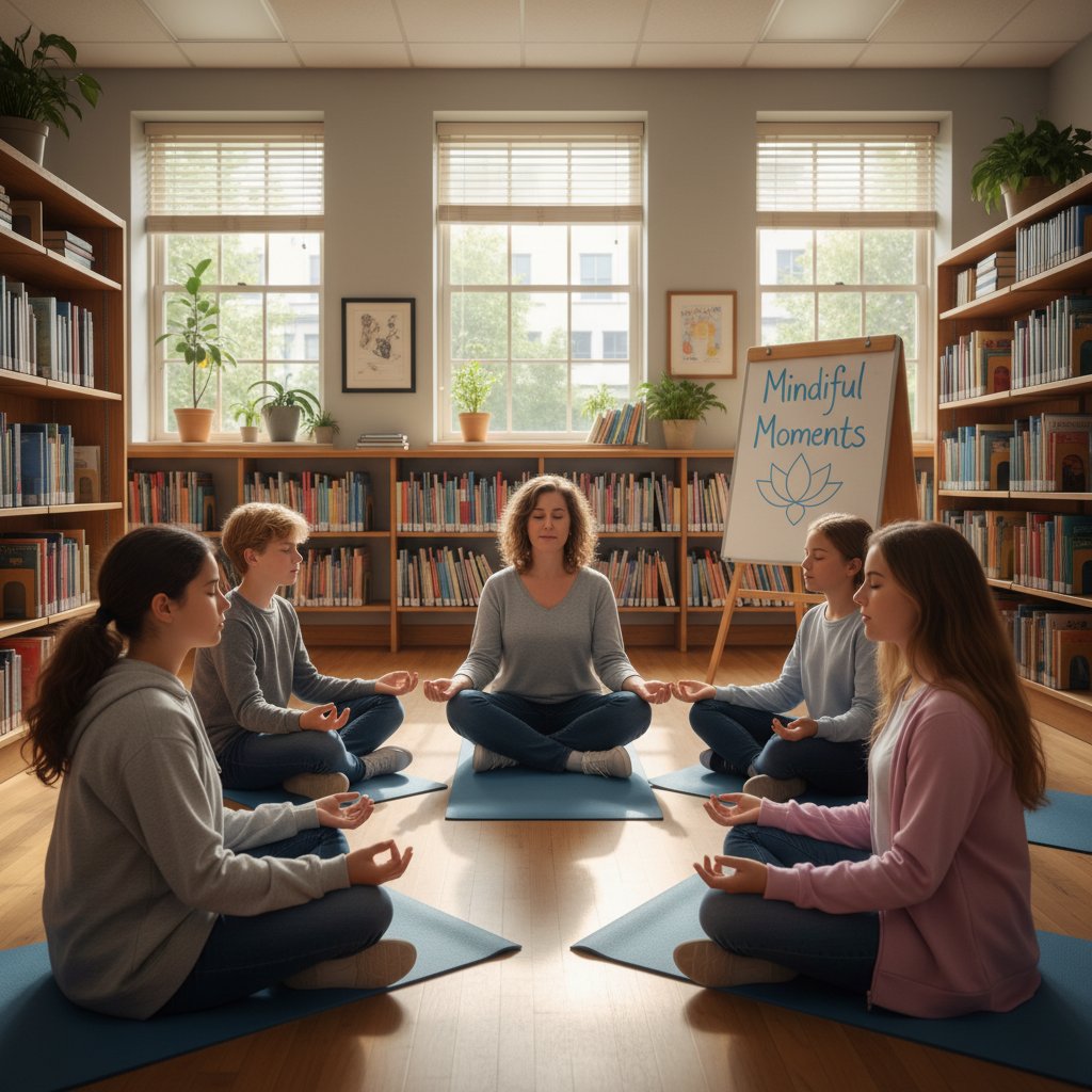 Grupa nastolatków ćwiczy mindfulness na szkolnej sali, spokój, koncentracja