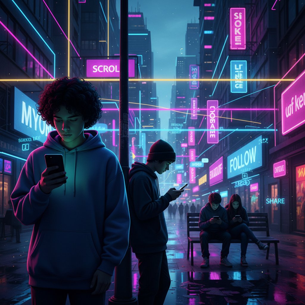 Zdjęcie nastolatków na tle neonów, każdy zanurzony w swoim ekranie telefonu – wizualizacja wpływu social mediów na FOMO