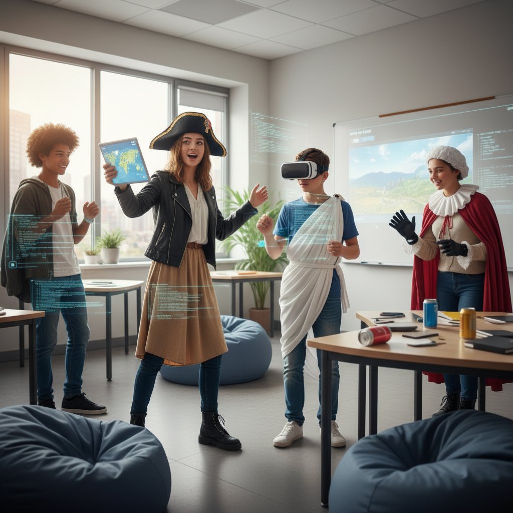 Uczniowie odgrywający postacie historyczne za pomocą AI w nowoczesnej klasie