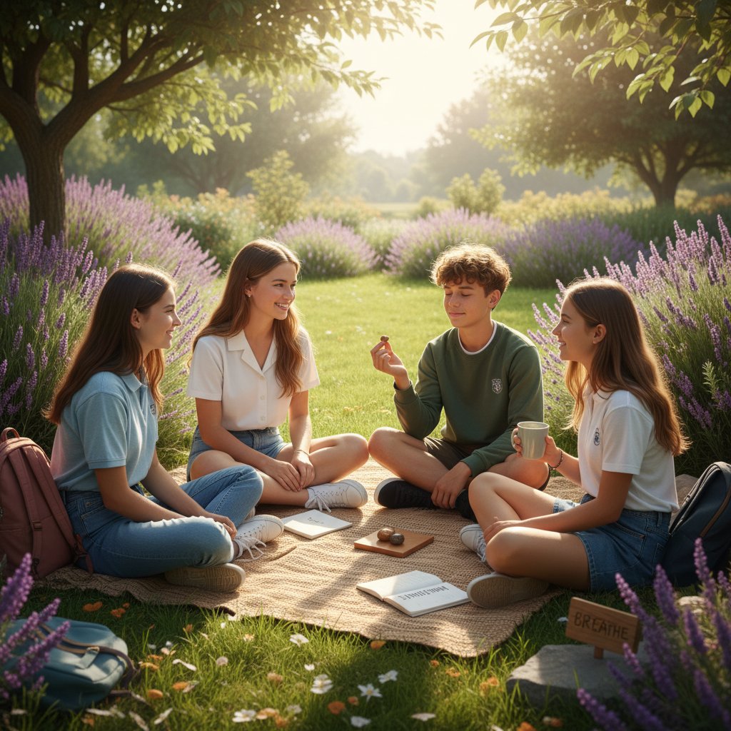 Nastolatki rozmawiają na przerwie, radośni i spokojni, po sesji paws b w szkole