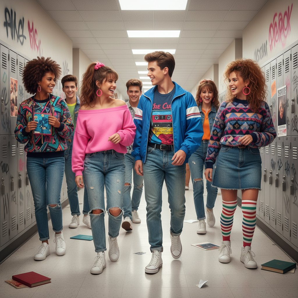 Teenagers gathered in a school hallway, 1980s fashion, vibrant mood