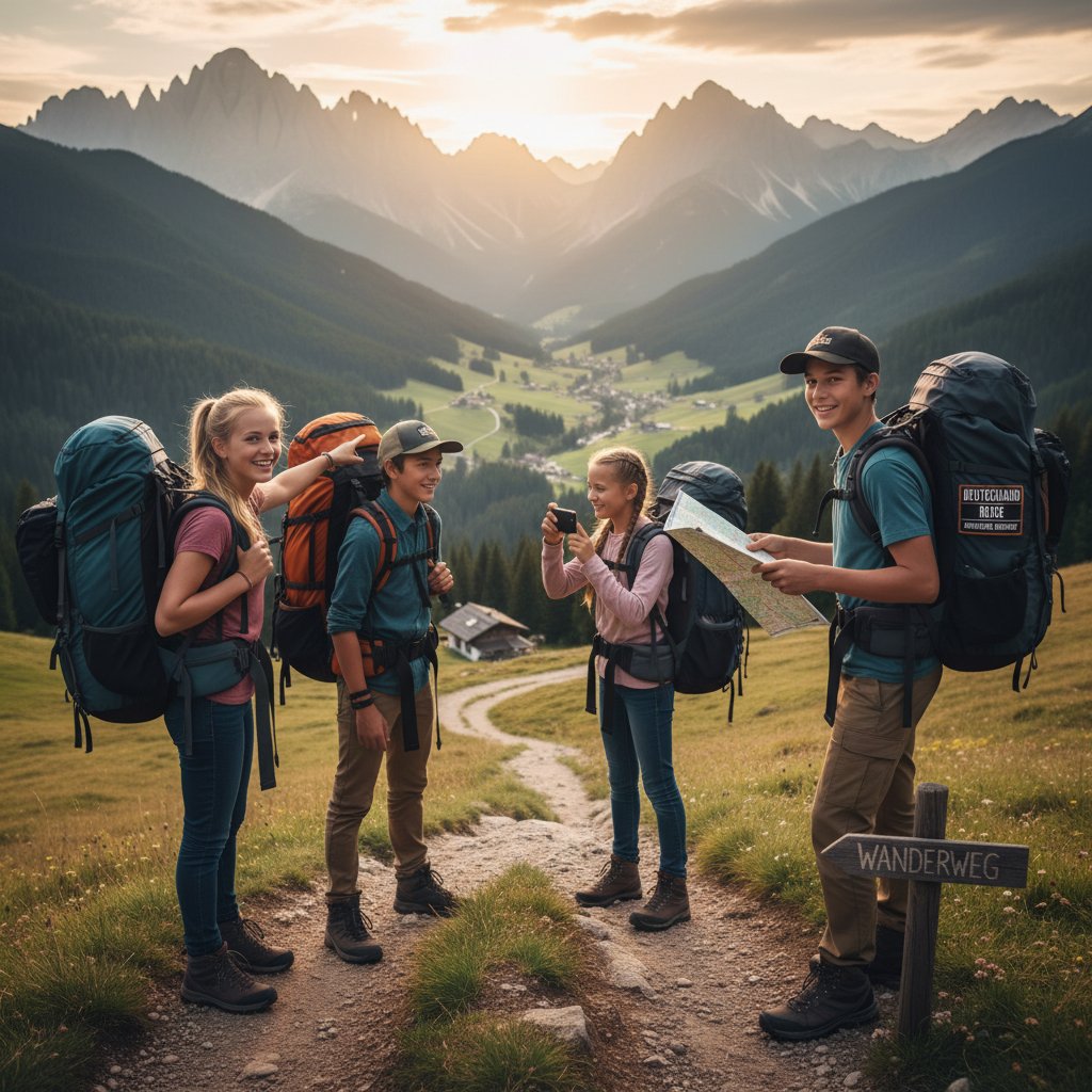 Młodzież podróżująca z plecakami, rozmawiająca po niemiecku podczas wyprawy