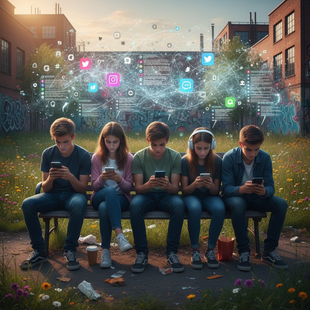 Młodzież w miejskim parku z telefonami, na ekranie widać aplikacje social media, słowa kluczowe: młodzież, internet, dopalacze, uzależnienie