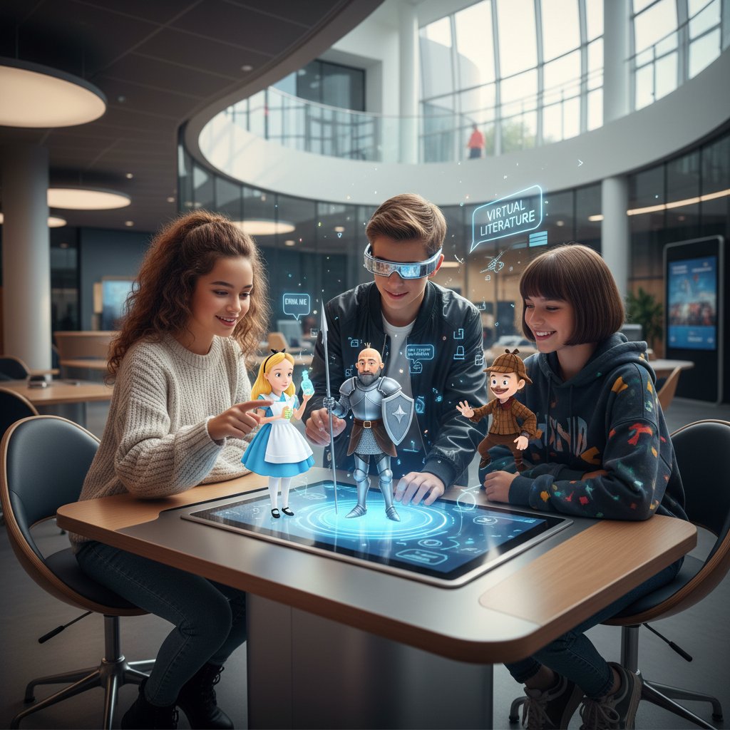 Grupa młodzieży rozmawia z wirtualnymi postaciami książkowymi na ekranie tabletu