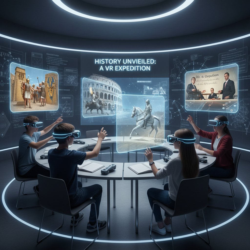 Młodzież korzystająca z okularów VR podczas lekcji historii, zatopiona w wirtualnej rekonstrukcji